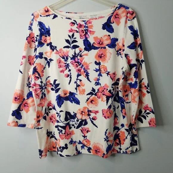 Talbots 3/4 Sleeve Coral & Blue Floral Shirt XLp Extra Large Petite - Picture 1 of 7